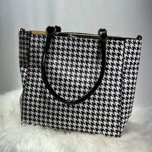 Houndstooth Tote Bag Black White Patent Leather Top Handle Shoulder Bag